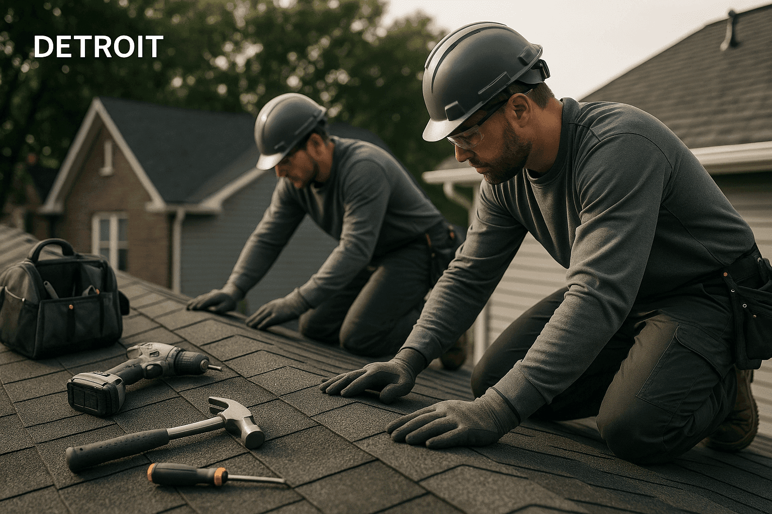 Two OSHA-compliant roofers installing or inspecting a residential roof on a clean, safe rooftop workspace.