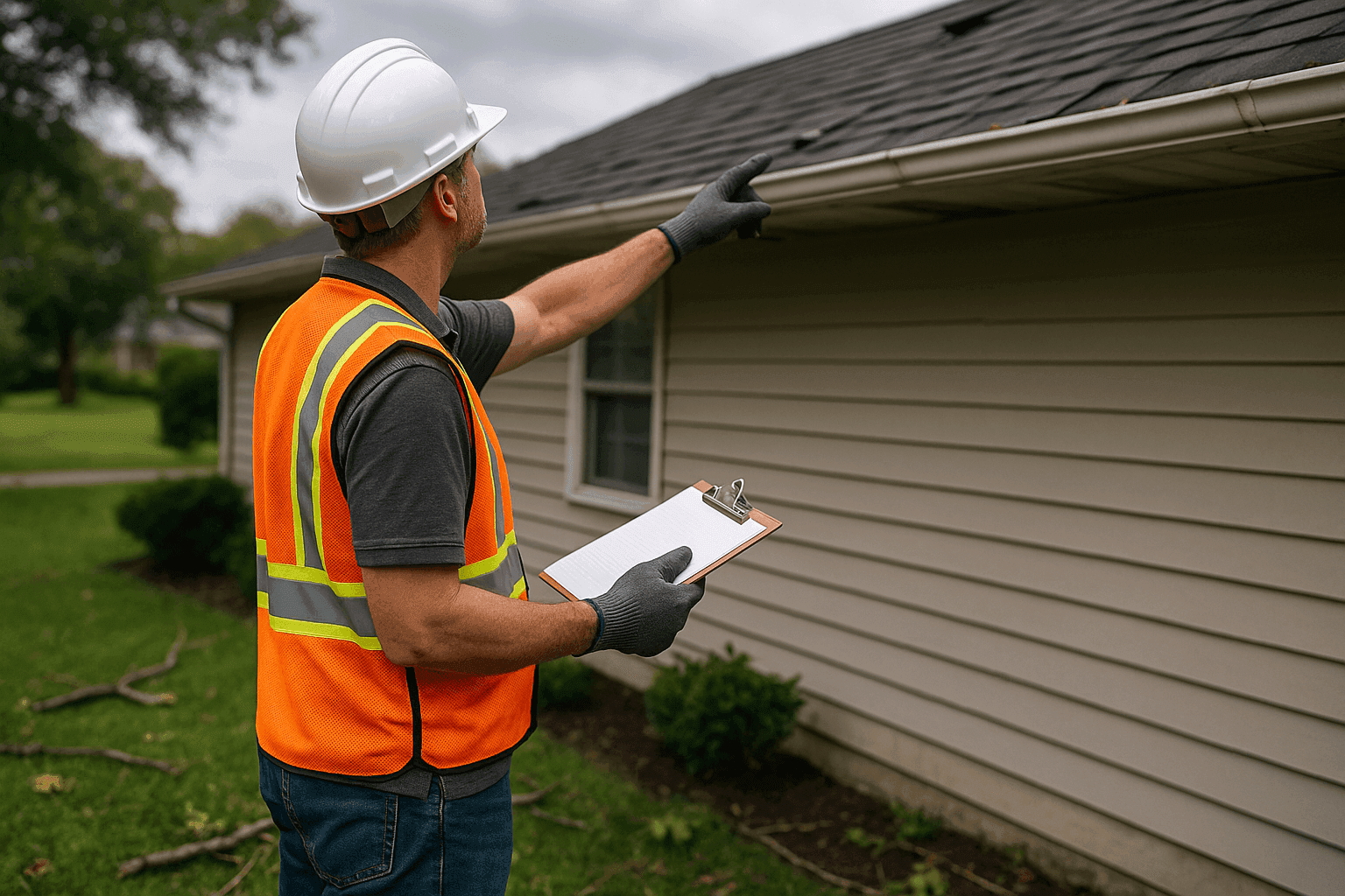 Homeowner with clipboard inspecting roof and gutters from the ground after a storm