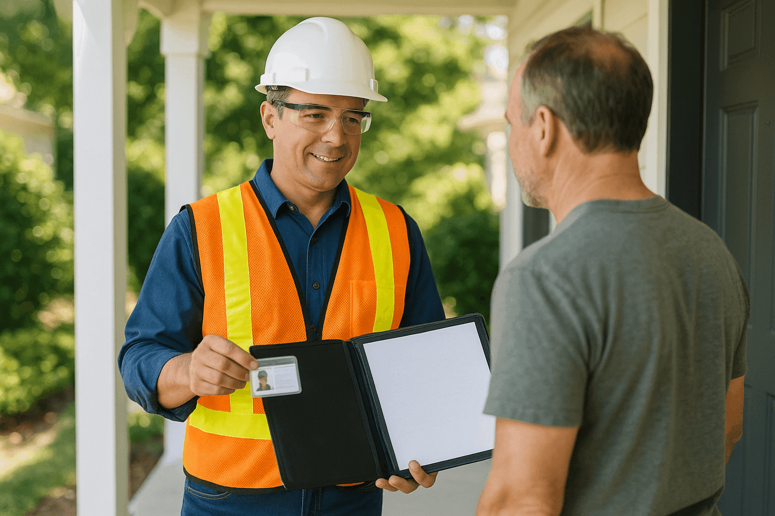 Homeowner meeting with roofing contractor showing credentials