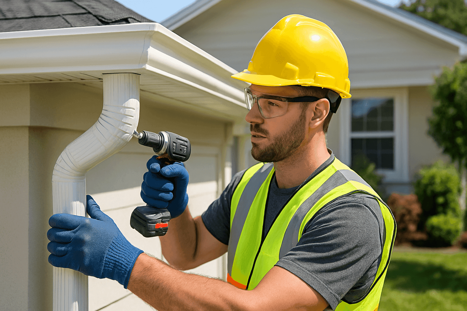 Technician attaching new downspout to residential gutter system