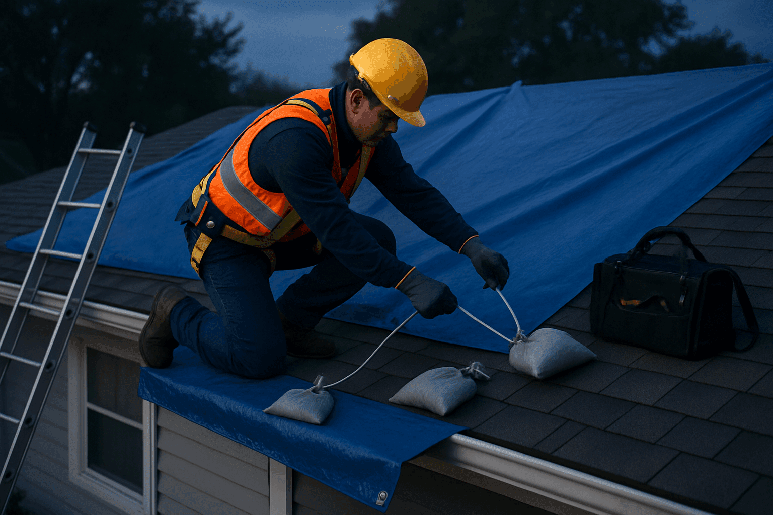 Technician securing tarp over storm-damaged residential roof