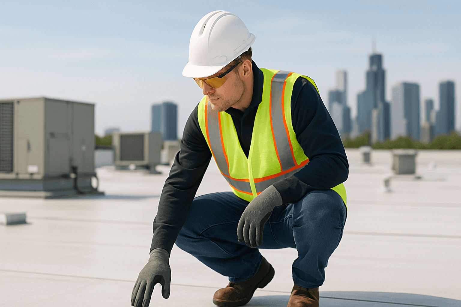 Técnico inspeccionando un gran techo plano comercial con unidades de HVAC