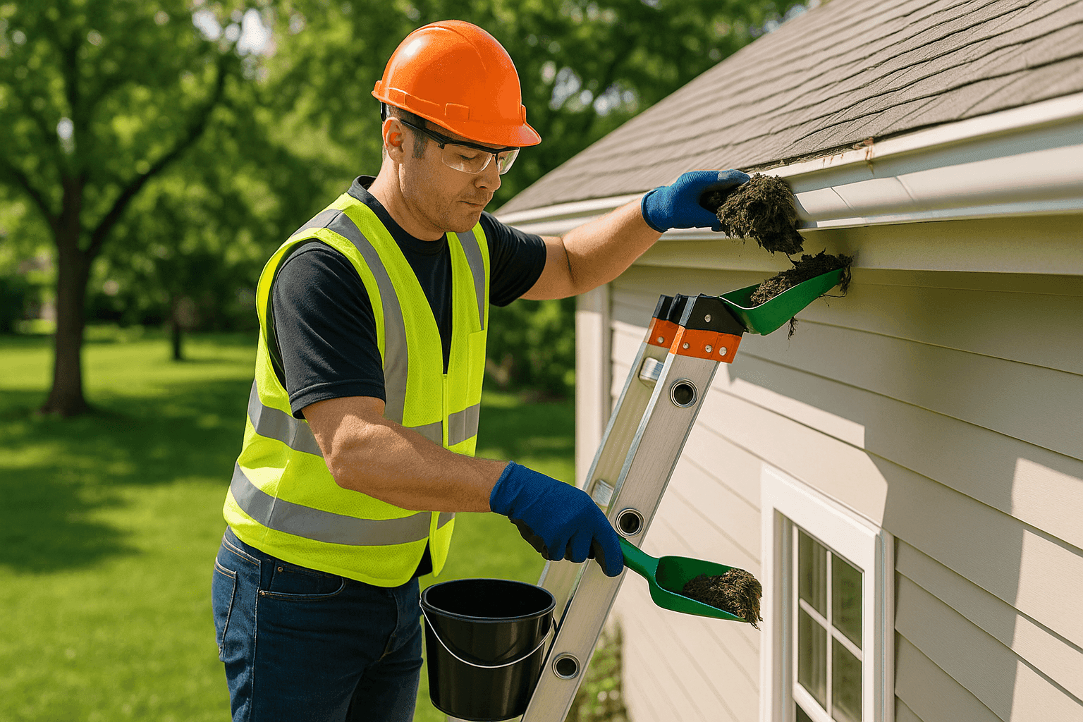 Técnico limpiando de forma segura canaletas obstruidas en una casa