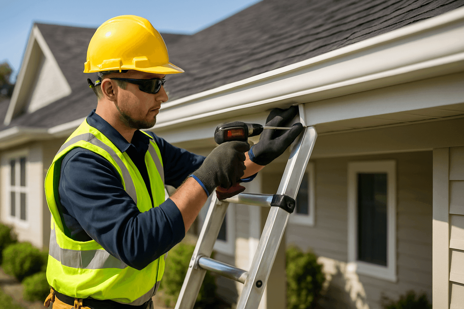 Técnico instalando canaletas sin costura en una casa residencial
