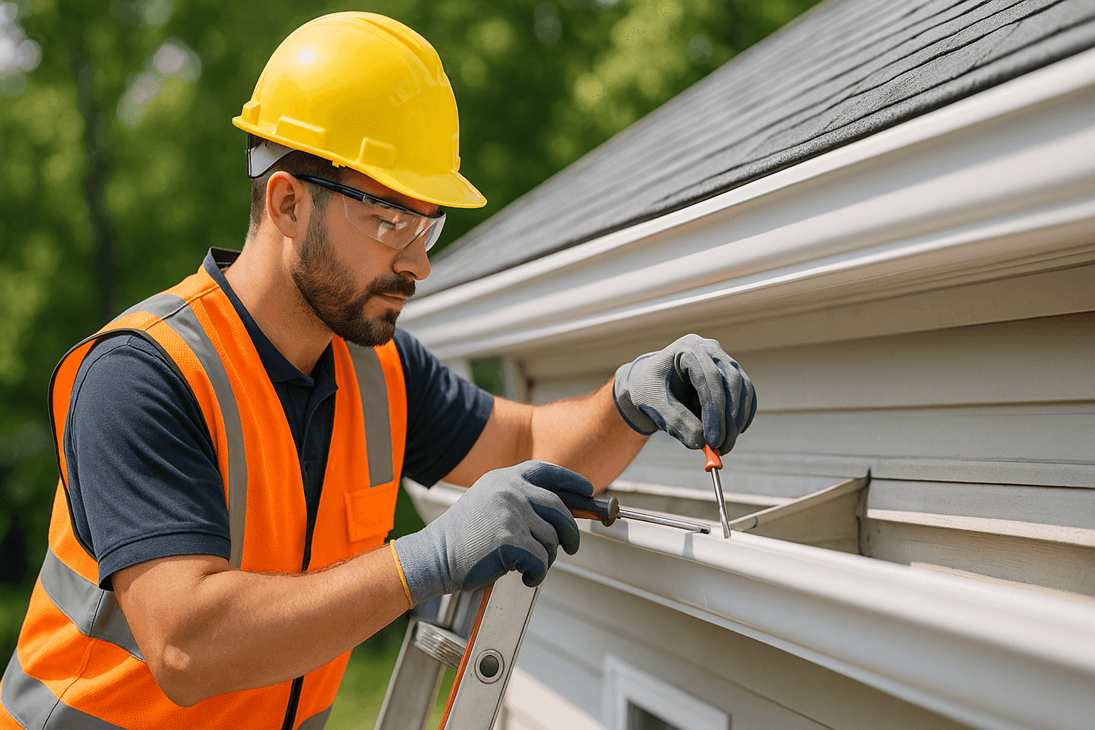 Técnico examinando y reparando el sistema de canaletas residencial