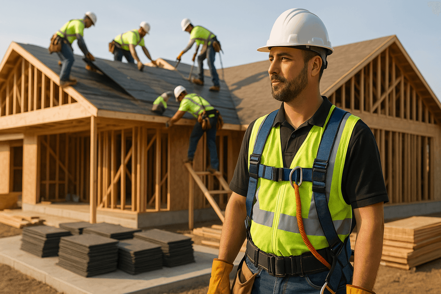 Technician overseeing new home roof installation with builders
