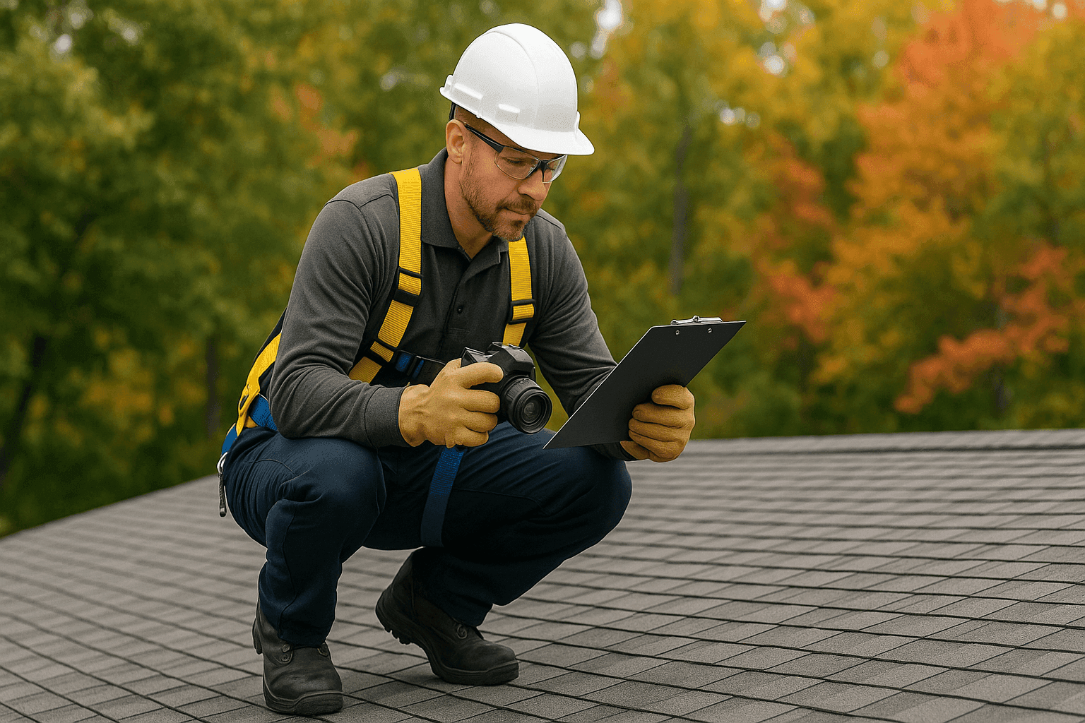 Técnico realizando una inspección estacional del tejado en una vivienda residencial