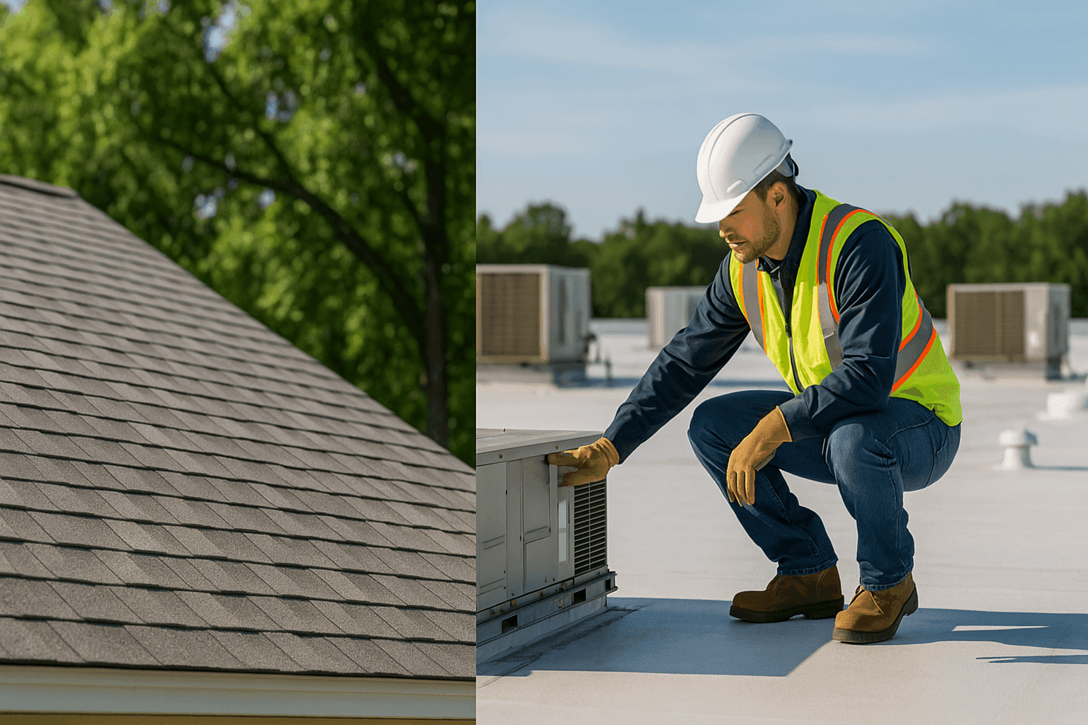 Vista comparativa de un techo residencial inclinado y un techo comercial plano
