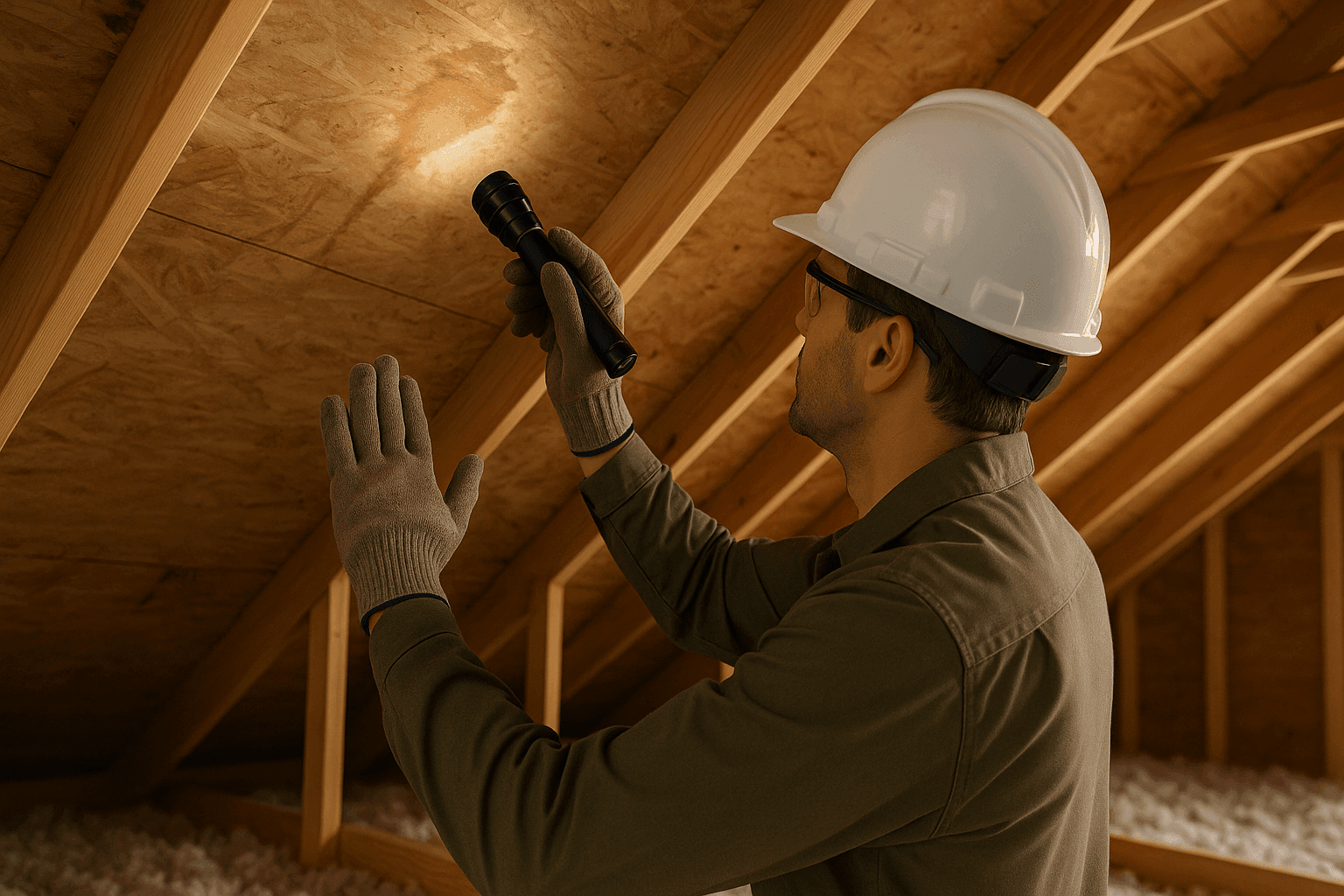 Homeowner inspecting attic ceiling for roof leak water stains