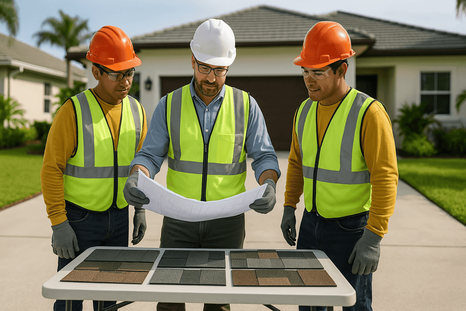 Residential roofing crew estimating costs with blueprints and materials