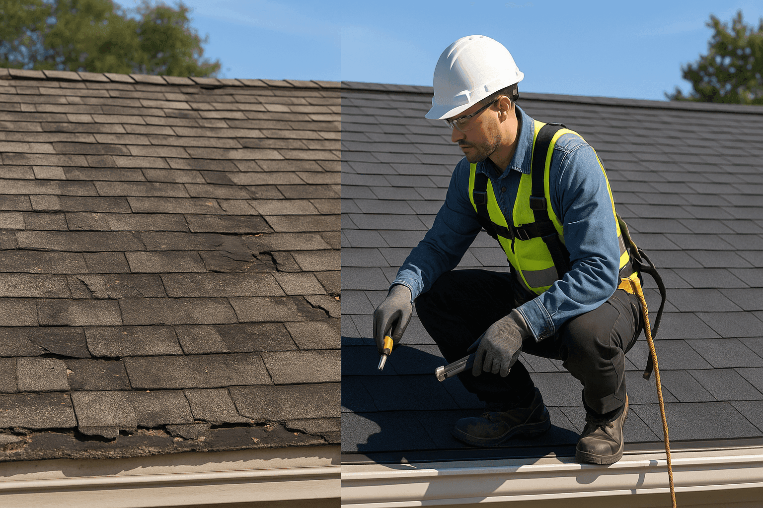 Split image showing old damaged roof and new replacement roof