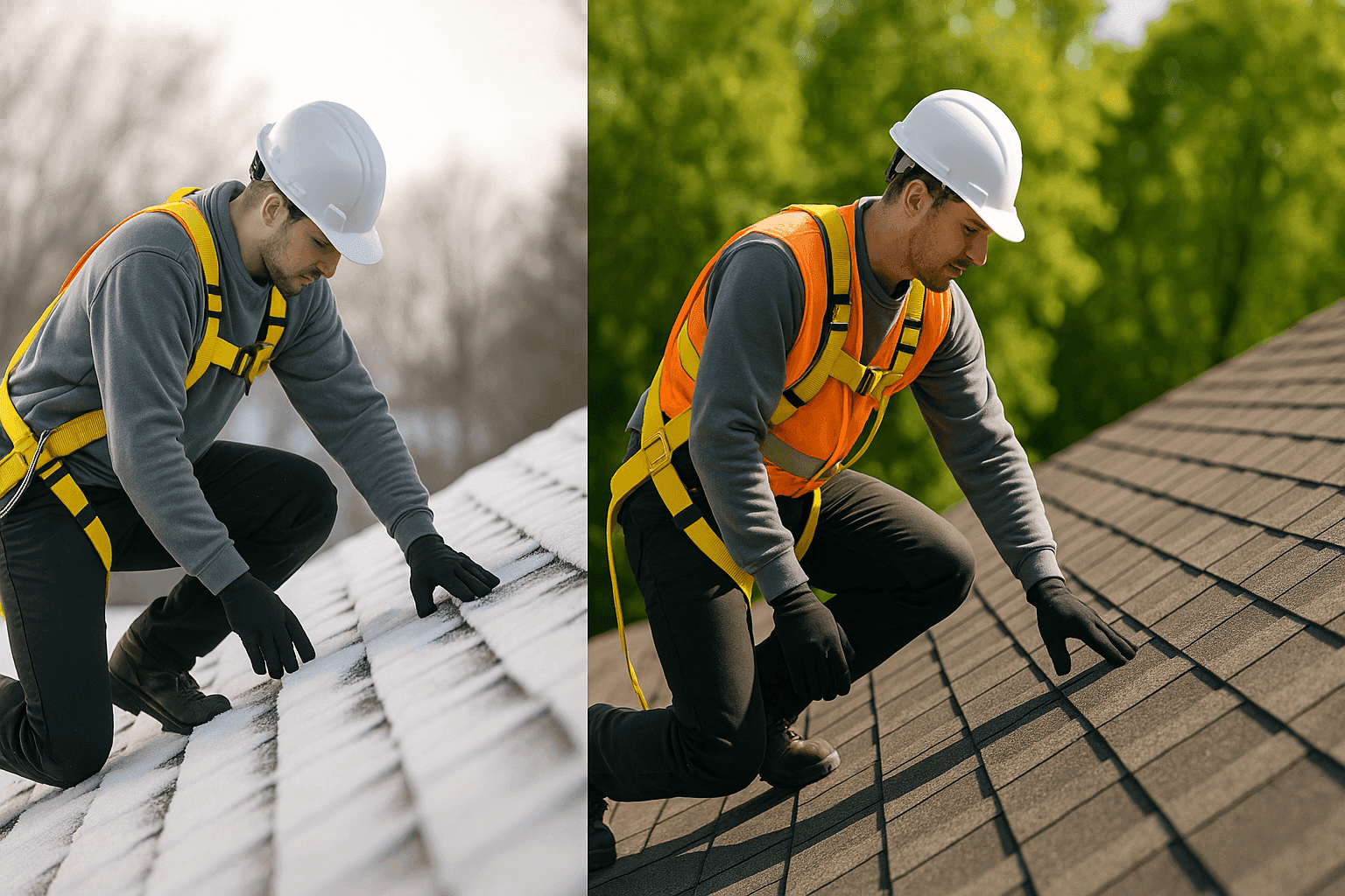 Technician inspecting roof in winter with snow and summer with sun