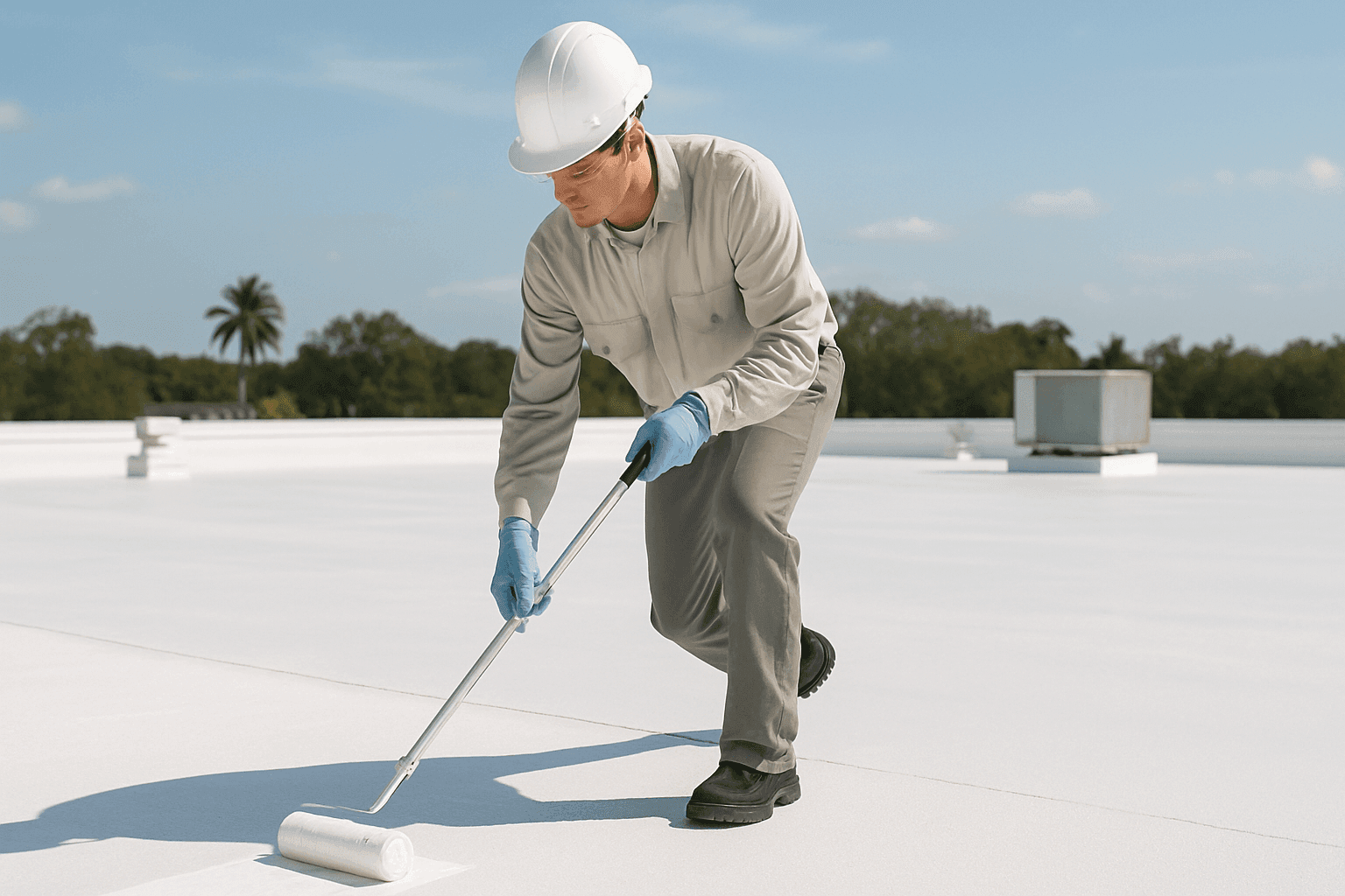 Técnico aplicando recubrimiento en techo plano comercial