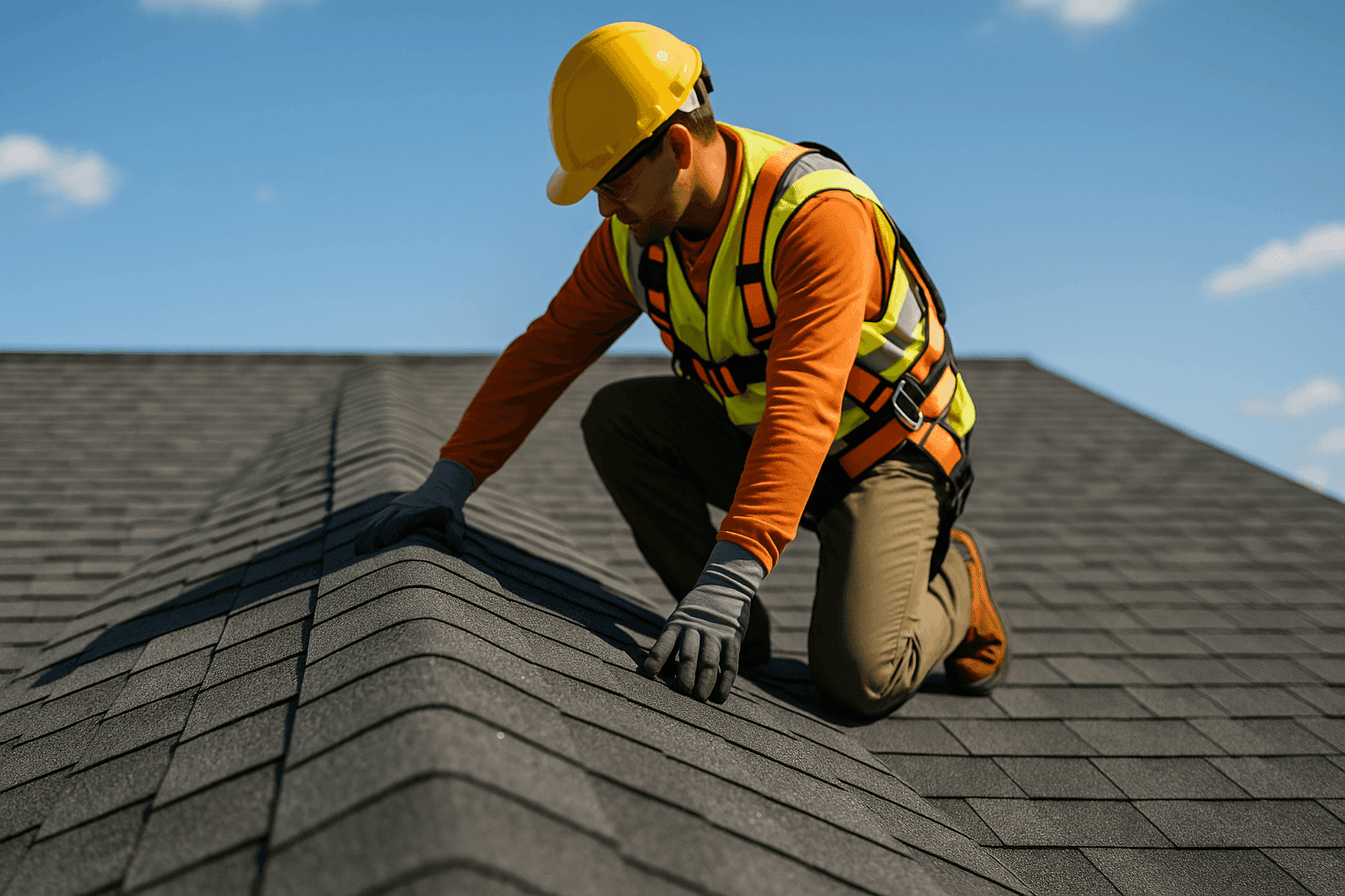 Close-up of new asphalt shingle roof with technician inspecting