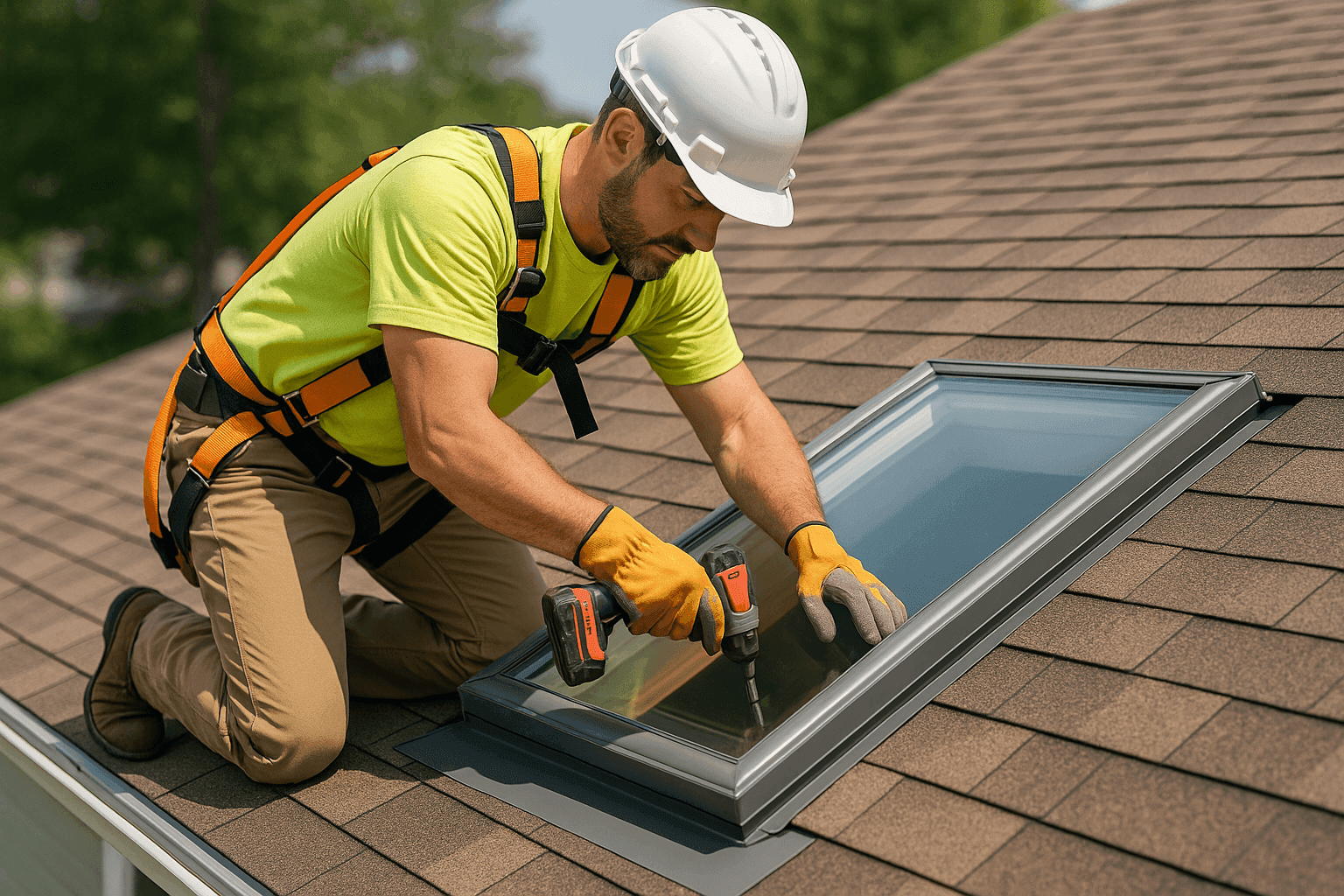 Técnico instalando un nuevo tragaluz en un techo de tejas