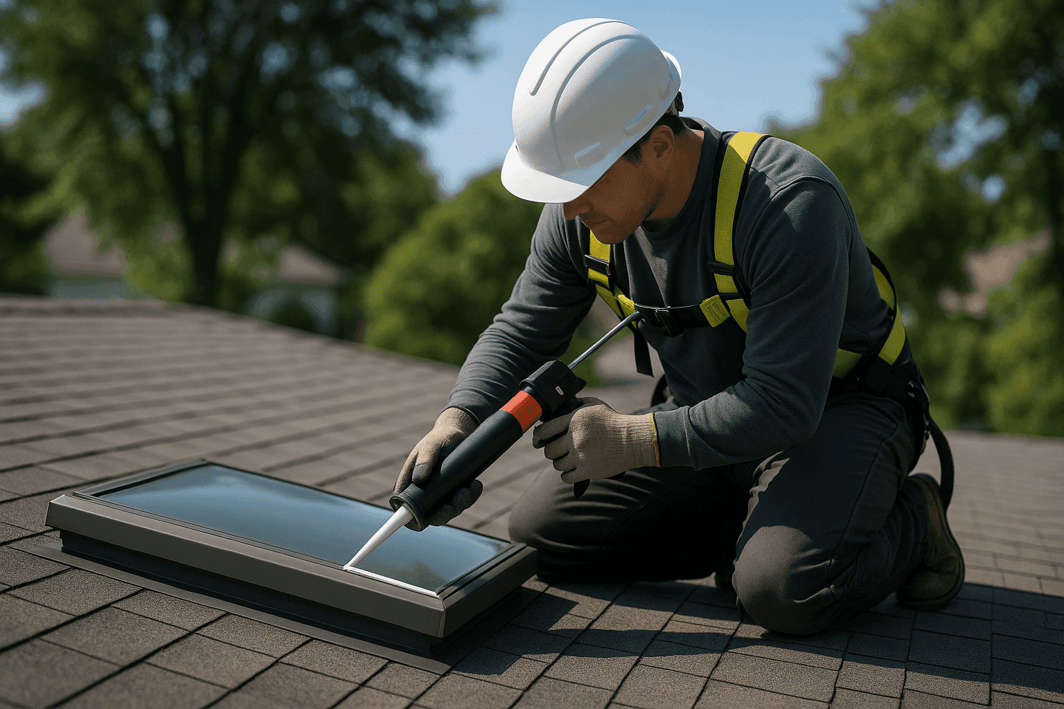 Technician inspecting and sealing skylight on home roof
