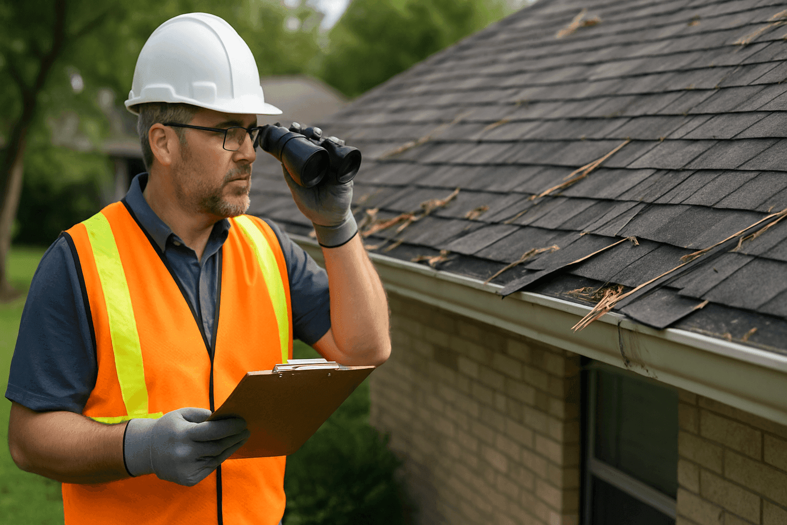 Homeowner inspecting shingle roof for storm damage with clipboard